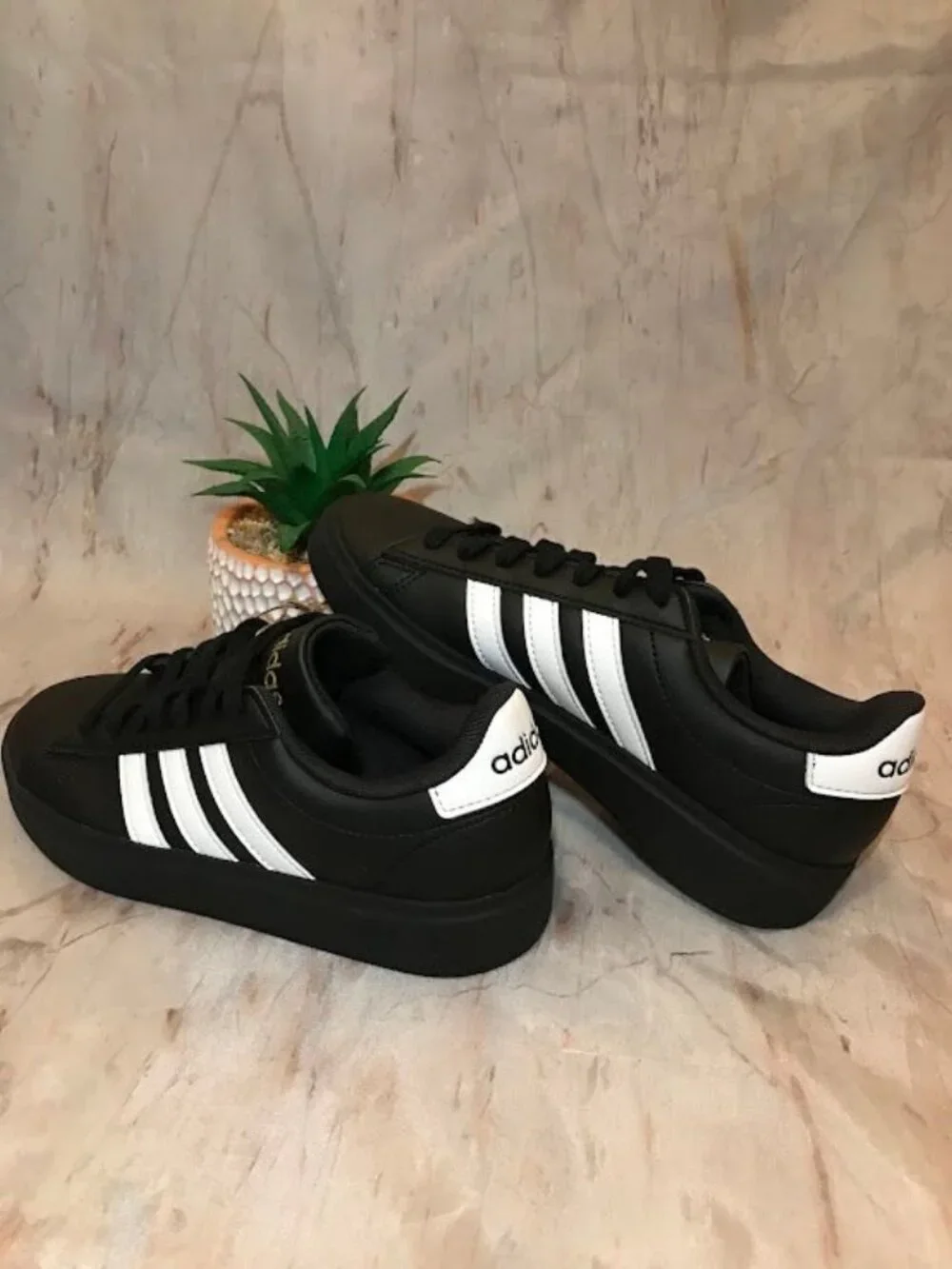Adidas Black Sneakers Lace-Up with White Stripes and Heel Tab Size 5Y